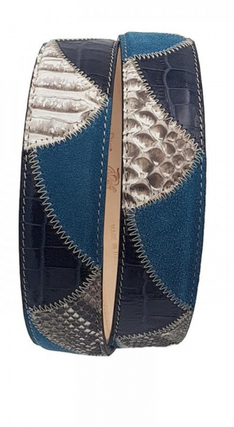 CINTURA UOMO 4 CM PATCHWORK ORIONE BELTS IN PITONE-PELLE STAMPA COCCODRILLO-CAMOSCIO ARTIGIANALE MADE IN ITALY - Img 3