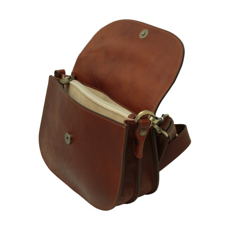 Borsa a tracolla due fianchi in vitello pieno fiore-Teak - Img 6