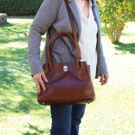 BORSA DA DONNA A DUE MANICI IN PELLE PIENO FIORE-MARRONE - Img 8