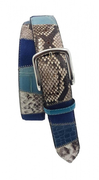 CINTURA UOMO 4 CM PATCHWORK ORIONE BELTS IN PITONE-COCCODRILLO-CAMOSCIO ARTIGIANALE MADE IN ITALY - Img 2
