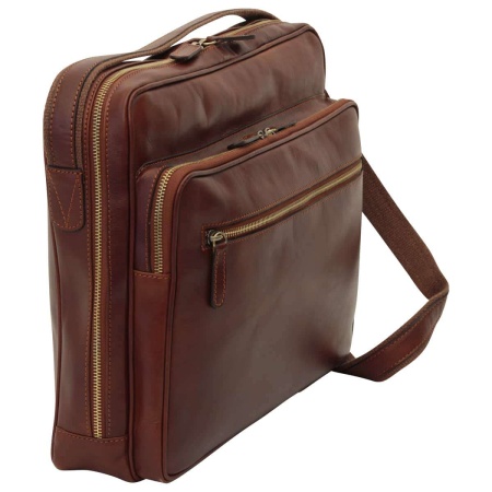 Messenger in pelle con chiusura a zip (Grande). Marrone - Img 5