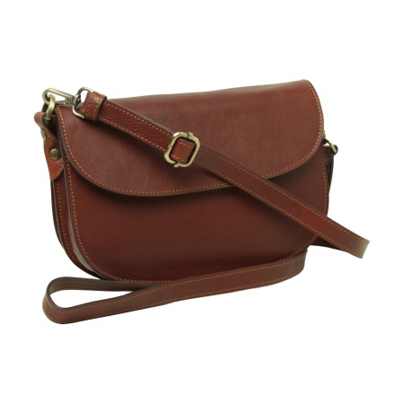 Borsa a tracolla due fianchi in vitello pieno fiore-Mogano - Img 6