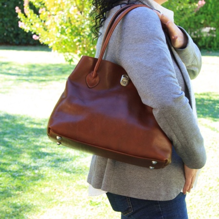 BORSA DA DONNA A DUE MANICI IN PELLE PIENO FIORE-MARRONE - Img 9