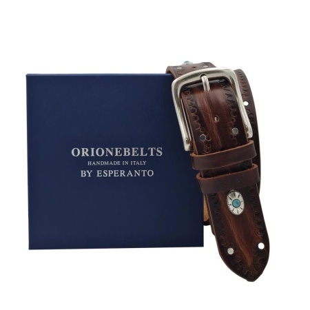 CINTURA UOMO 4 CM IN CUOIO DI TORO RICAMATO SANTORINI ORIONE BELTS ARTIGIANALE MADE IN ITALY - Img 4