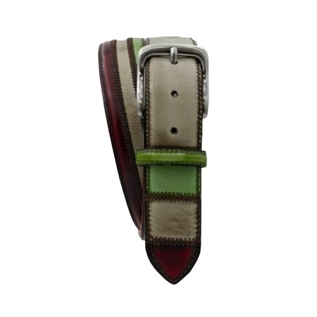 CINTURA UOMO 4 CM PATCHWORK ORIONE BELTS BANDIERA TRICOLORE ITALIA IN CUOIO ANTICATO ARTIGIANALE MADE IN ITALY - Img 2