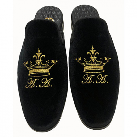 PANTOFOLE UNISEX IN VELLUTO CON RICAMO CORONA PERSONALIZZABILI CON INZIALI GAROFALO GIANBATTISTA ARTIGIANALI MADE IN ITALY - Img 2