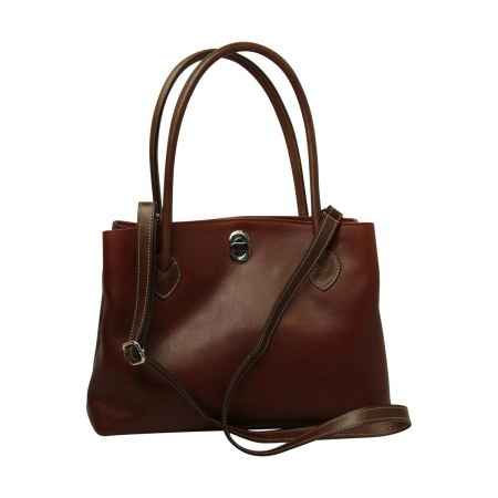 BORSA DA DONNA A DUE MANICI BICOLORE IN PELLE PIENO FIORE-TEAK - Img 4