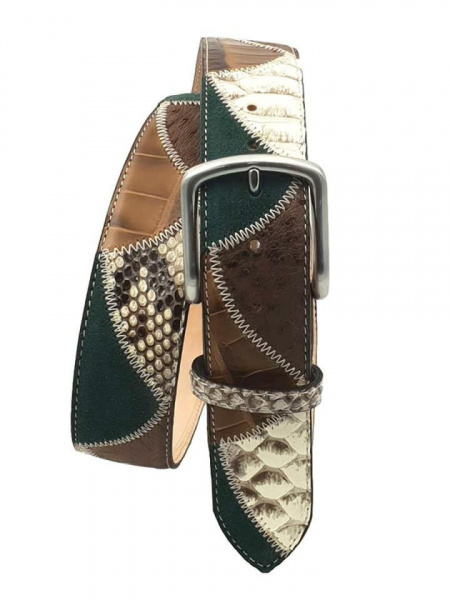 CINTURA UOMO 4 CM PATCHWORK ORIONE BELTS IN PITONE-STRUZZO-CAMOSCIO ARTIGIANALE MADE IN ITALY - Img 2