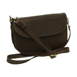 Borsa a tracolla due fianchi in vitello pieno fiore-Marrone Scuro - Img 5