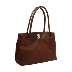 BORSA DA DONNA A DUE MANICI BICOLORE IN PELLE PIENO FIORE-MOGANO
