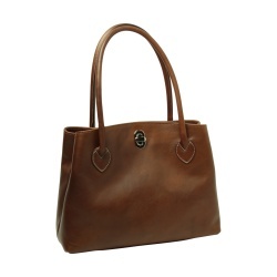 BORSA DA DONNA A DUE MANICI BICOLORE IN PELLE PIENO FIORE-CASTAGNA