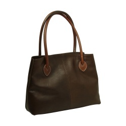 BORSA DA DONNA A DUE MANICI BICOLORE IN PELLE PIENO FIORE-MARRONE SCURO - Img 2