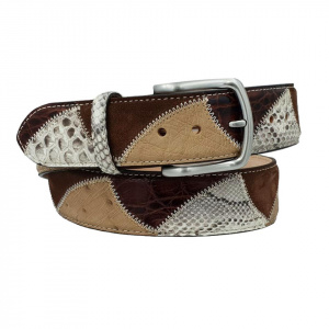 CINTURA UOMO 4 CM PATCHWORK ORIONE BELTS IN PITONE-STRUZZO-CAMOSCIO ARTIGIANALE MADE IN ITALY
