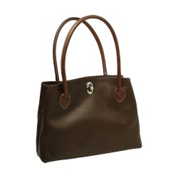 BORSA DA DONNA A DUE MANICI BICOLORE IN PELLE PIENO FIORE-MARRONE SCURO