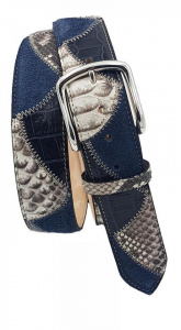 CINTURA UOMO 4 CM PATCHWORK ORIONE BELTS IN PITONE-PELLE STAMPA COCCODRILLO-CAMOSCIO ARTIGIANALE MADE IN ITALY - Img 2