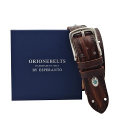 CINTURA UOMO 4 CM IN CUOIO DI TORO RICAMATO SANTORINI ORIONE BELTS ARTIGIANALE MADE IN ITALY - Img 4