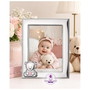 Rama foto Argint "Bebe" 13x18 cm - Ursuleti Inimioara Roz