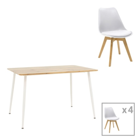 Комплект от 5 части Gaston-Cuba маса и столове пластмаса PP и MDF бяла-звукова стая 120x80x75 cm