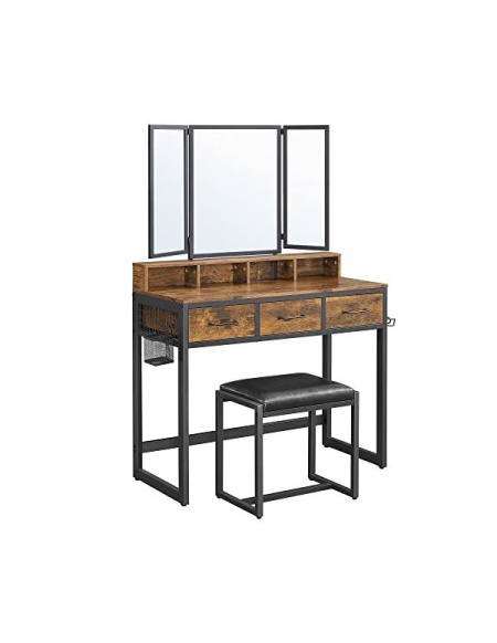 Тоалетна маса с огледало и табуретка, Vasagle, RVT004B01, Кафяво рустик, 40 x 90 x 141 см
