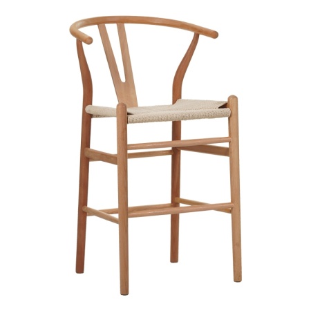 Бар стол Wishbone от каучуково дърво и въже в естествен цвят 55x49x108 cm