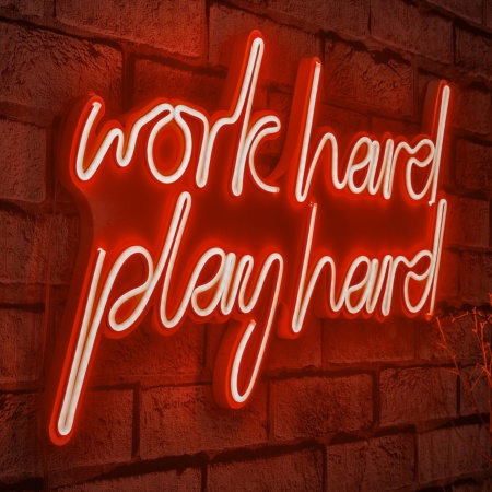Светеща LED декорация за стена Work Hard Play Hard червена 55x36x2 см