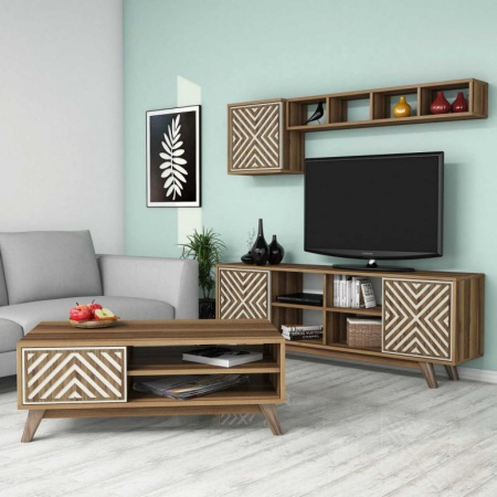 Комплект ТВ шкаф и холна маса Living İnci Орех-Крем