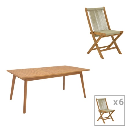 Трапезен комплект от 7 части, Banou-Pino, Pako World, естествен цвят, 180/240x100x75 см