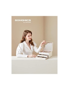 Кутия за бижута, Songmics, 3 слоя, 2 чекмеджета, JBC239WT, Бял-Златен - Img 2