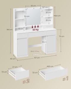 Тоалетка и гримьорна V2 Vasagle, бяла, 107x40x144 см - Img 7