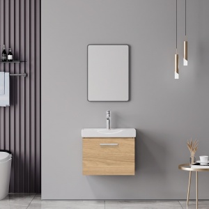 Set mobilier baie inclus lavoar cu sertar si baterie plus masca si dulapior cu oglinda, 2 buc, Renza Mentis, Argintiu, 50x30x42.5 cm