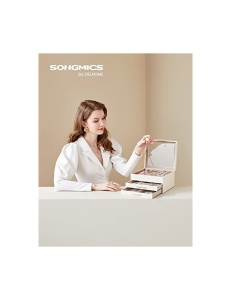 Кутия за бижута, Songmics, 3 слоя, 2 чекмеджета, JBC239WT, Бял-Златен - Img 2