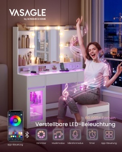 Тоалетка с LED осветление, контакти и стъклен плот, Kailyn, бяла, 107x40x144,5 см