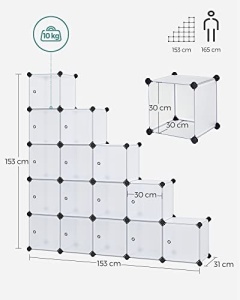 Комплект от 15 модулни кутии за съхранение, Songmics, бял, 123x31x123 см - Img 7