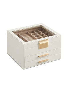 Кутия за бижута, Songmics, 3 слоя, 2 чекмеджета, JBC239WT, Бял-Златен - Img 1