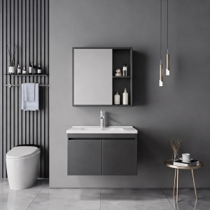 Set mobilier baie inclus lavoar cu baterie plus masca si dulapior cu oglinda, 2 buc, Sinkea Mentis, Antracit, 61x47x46.5 cm