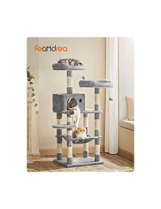 Дърво за котки, Feandrea, 143 см, 2 възглавнички от плюш, Сив - Img 2