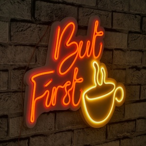 Светеща LED декорация за стена But First Coffee Червена 47x37x2 см - Img 1