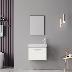 Set mobilier baie inclus lavoar cu sertar si baterie plus masca si dulapior cu oglinda, 2 buc, Renza Mentis, Alb, 50x30x42.5 cm