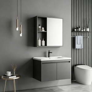 Set mobilier baie inclus lavoar plus masca si dulapior cu oglinda, 2 buc, Sinkea, Antracit, 61x47x46.5 cm