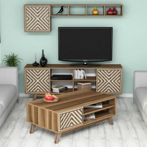 Комплект ТВ шкаф и холна маса Living İnci Орех-Крем - Img 2