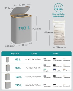 Сив кош за пране Songmics 52x38.5x38.5x70.5 cm - Img 6