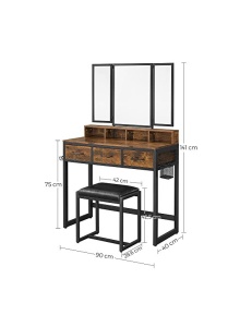 Тоалетна маса с огледало и табуретка, Vasagle, RVT004B01, Кафяво рустик, 40 x 90 x 141 см - Img 6