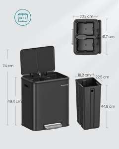 Songmics Кош за боклук Черен 41.7x33.2x33.2x49.4 cm - Img 5