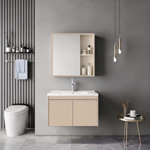 Set mobilier baie inclus lavoar cu baterie plus masca si dulapior cu oglinda, 2 buc, Sinkea Mentis, Cappuccino, 61x47x46.5 cm