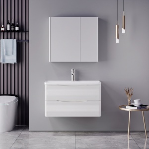 Set mobilier baie inclus lavoar cu sertar si baterie plus dulapior dublu cu oglinda, 2 buc, Tzouena Mentis, Alb, 84x51.5x57 cm