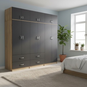 Гардероб с 6 врати, Athos V29, антрацит-дъб, 240x42x240 см