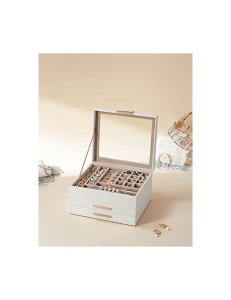 Кутия за бижута, Songmics, 3 слоя, 2 чекмеджета, JBC239WT, Бял-Златен - Img 7
