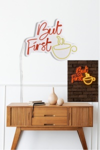 Светеща LED декорация за стена But First Coffee Червена 47x37x2 см - Img 4