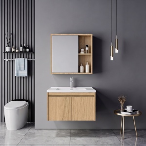Set mobilier baie inclus lavoar cu baterie plus masca si dulapior cu oglinda, 2 buc, Sinkea Mentis, Stejar, 61x47x46.5 cm
