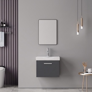 Set mobilier baie inclus lavoar cu sertar si baterie plus masca si dulapior cu oglinda, 2 buc, Renza Mentis, Antracit, 50x30x42.5 cm